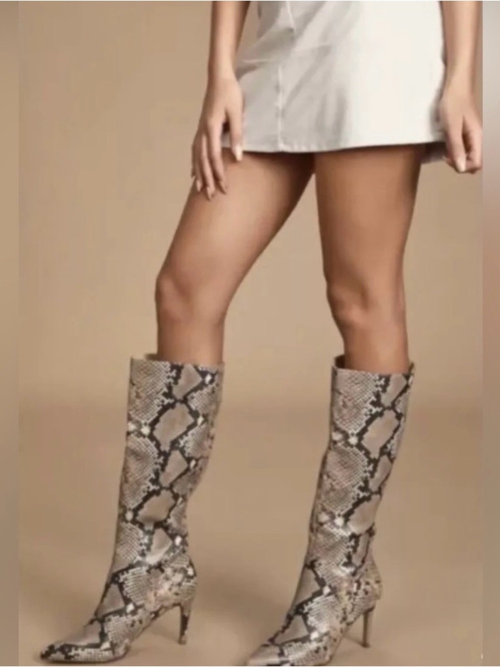 Steve Madden Taupe and Black Snake-Print Knee-High Stiletto Boots
